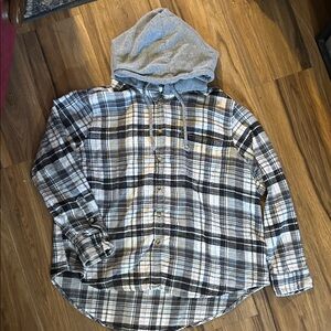 Time and Tru Black and Gray Plaid Button-Down Shirt with Hood